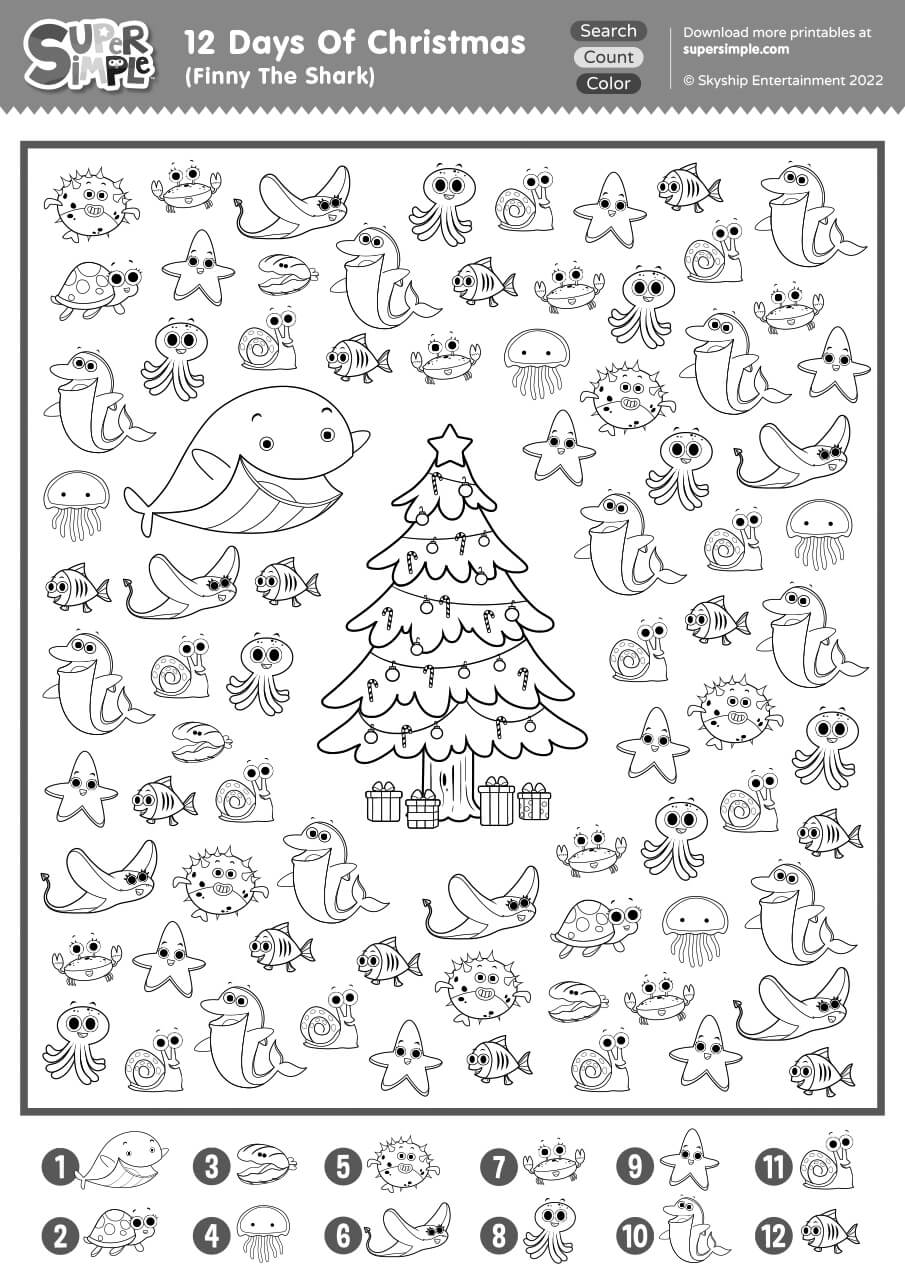 12 days of christmas (finny the shark) - search, count, & color